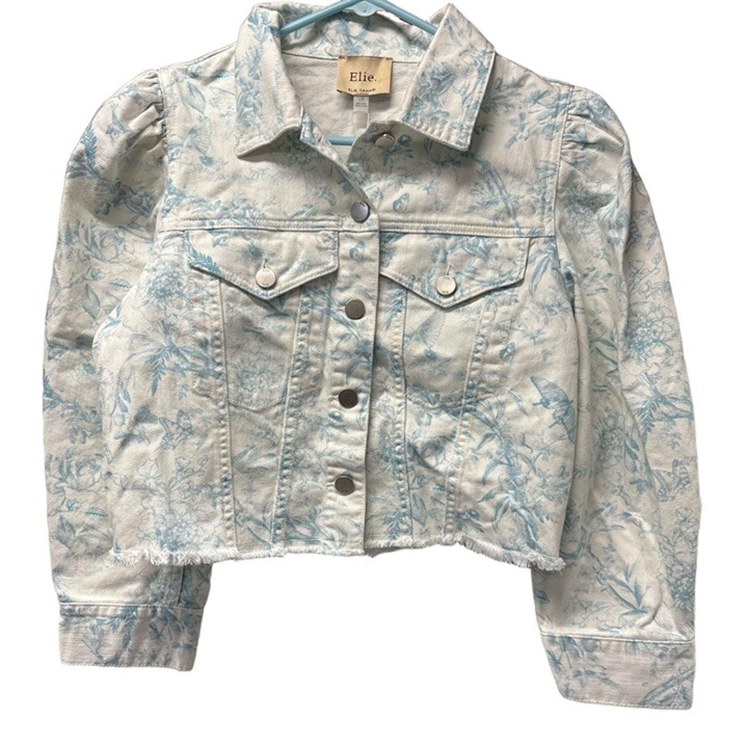 Elie Tahari Womens Size L Cotton Ivory Blue Denim Jacket Crop Fray Puff Sleeve