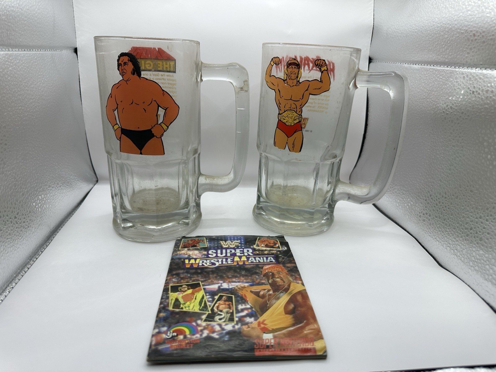 Hulk Hogan HULKAMANIA And Andre Large Glass Beer Mugs 1985 WWE Wrestling 32oz