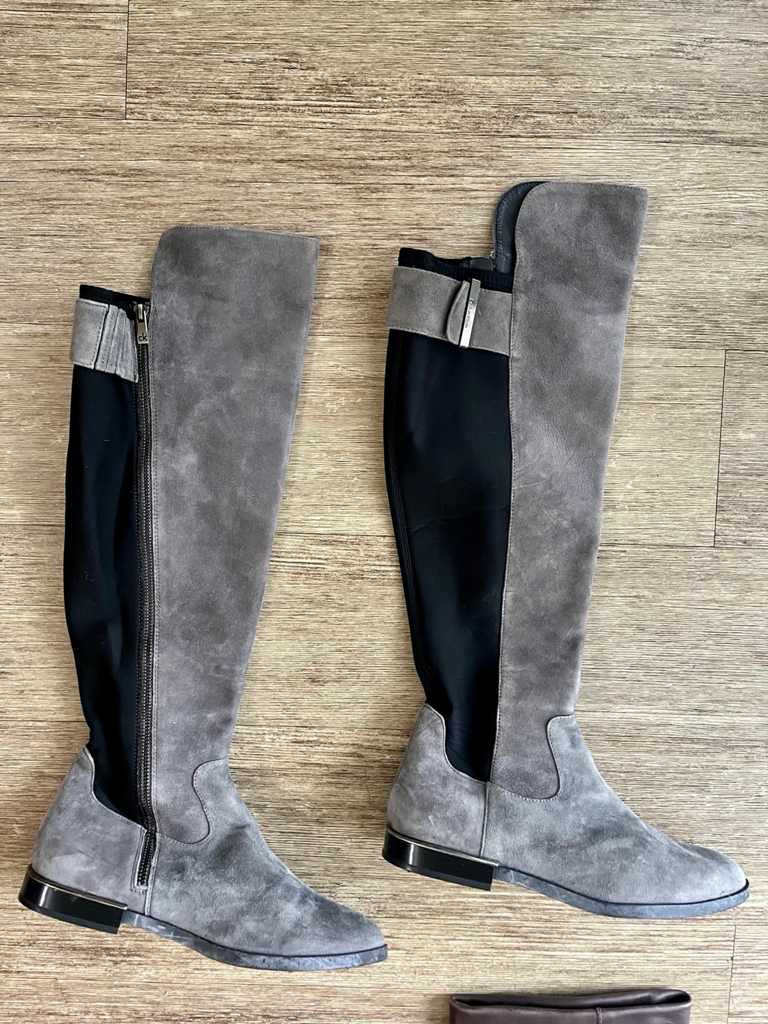 Calvin Klein, gray suede, knee high boots