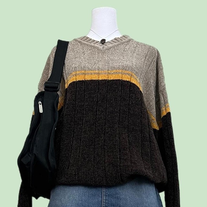 beige brown and yellow striped vintage 90s striped chunky chenille knit sweater