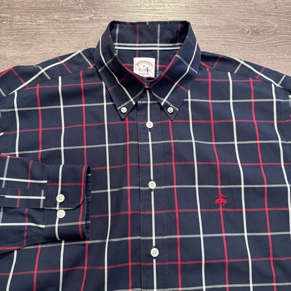 Brooks Brothers Shirt Mens Medium Blue Window Pane Supima Cotton Madison Plaid