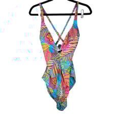 NEW Bleu Rod Beattie 12 Multi Color Palm Print 1 Piece Swimsuit Plunge Tropical