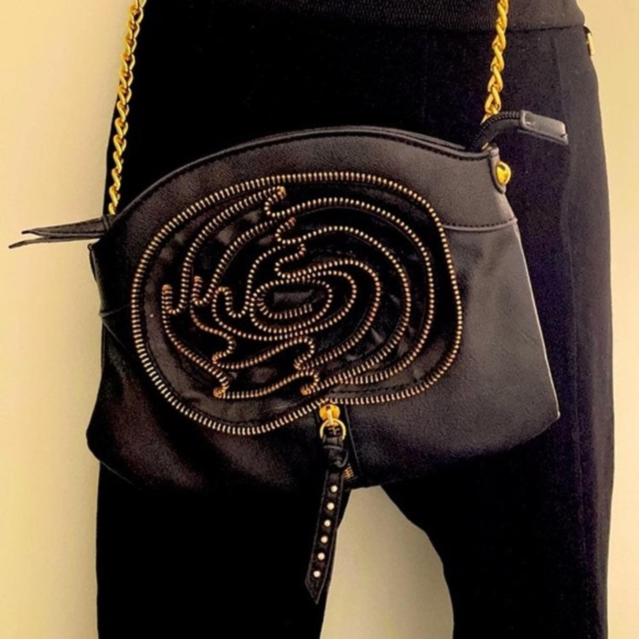 Black Leather Purse with Golden Zipper Flower Crossbody Bag