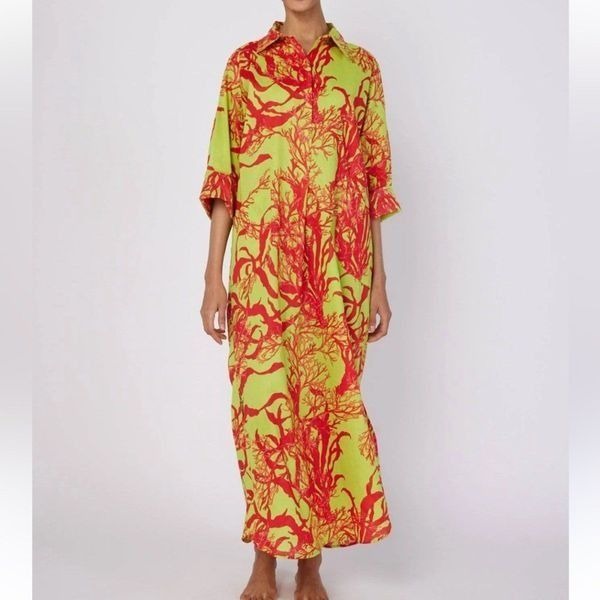 Modaposa Green & Pink Cotton Maxi Dress(Size Medium)