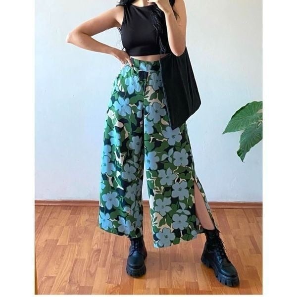 Adrianna Papell Wide Leg Pants High Rise Women Size XL Green Blue Floral New