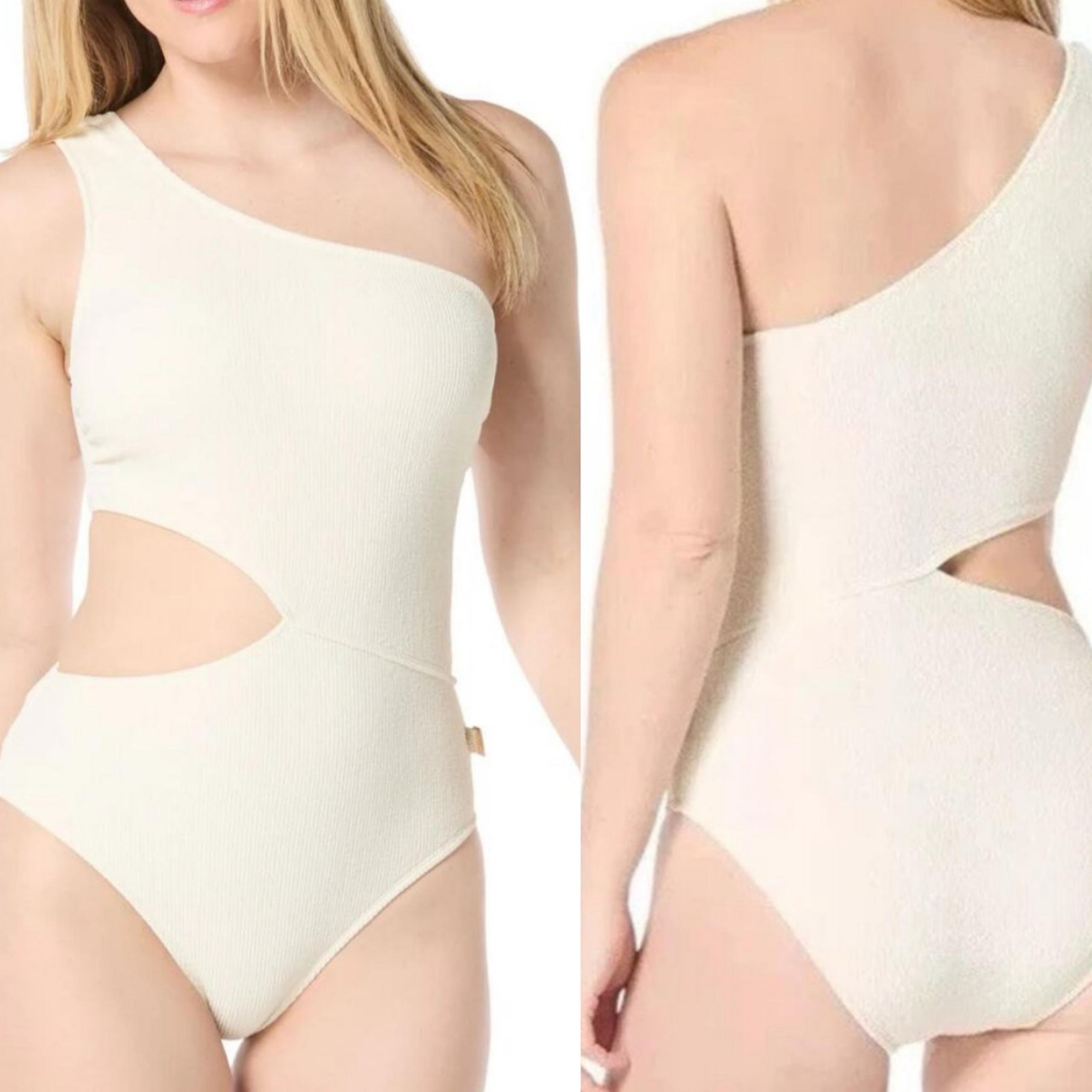 Michael MK Textured One Shoulder Cutout One Piece Swimsuit Cream Women 6 NWT