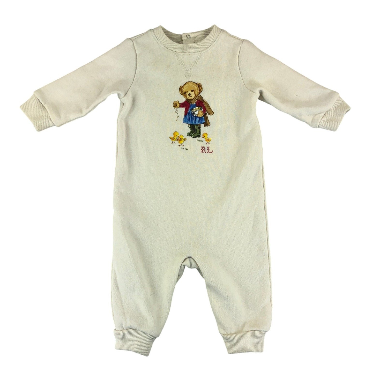 Polo Ralph Lauren Fleece Coverall Polo Bear Girls 6M Cream Snaps Long Sleeve