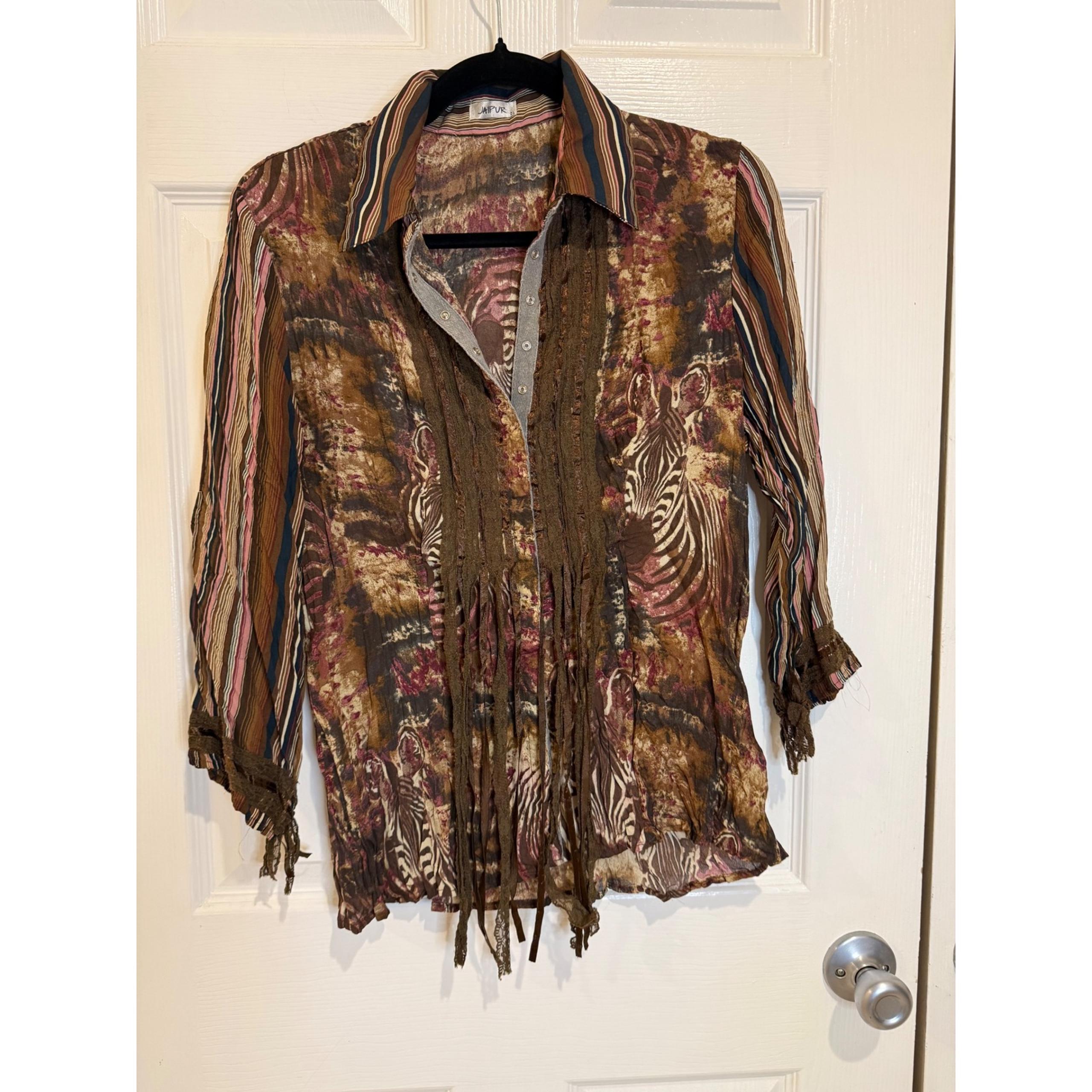 Jaipur Zebra Print Fringe Blouse Button Down 3/4 Sleeve Top M