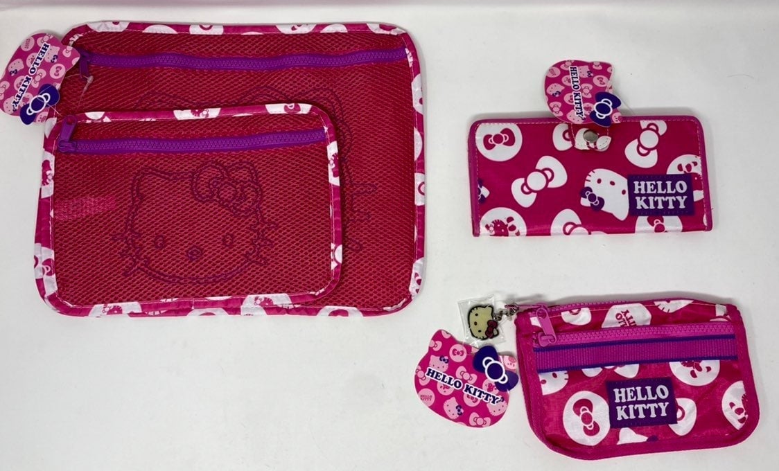 New Hello Kitty 4pc Set Wallet Cosmetic Bag 2 Mesh Pouches Bows Pink Bundle 2013