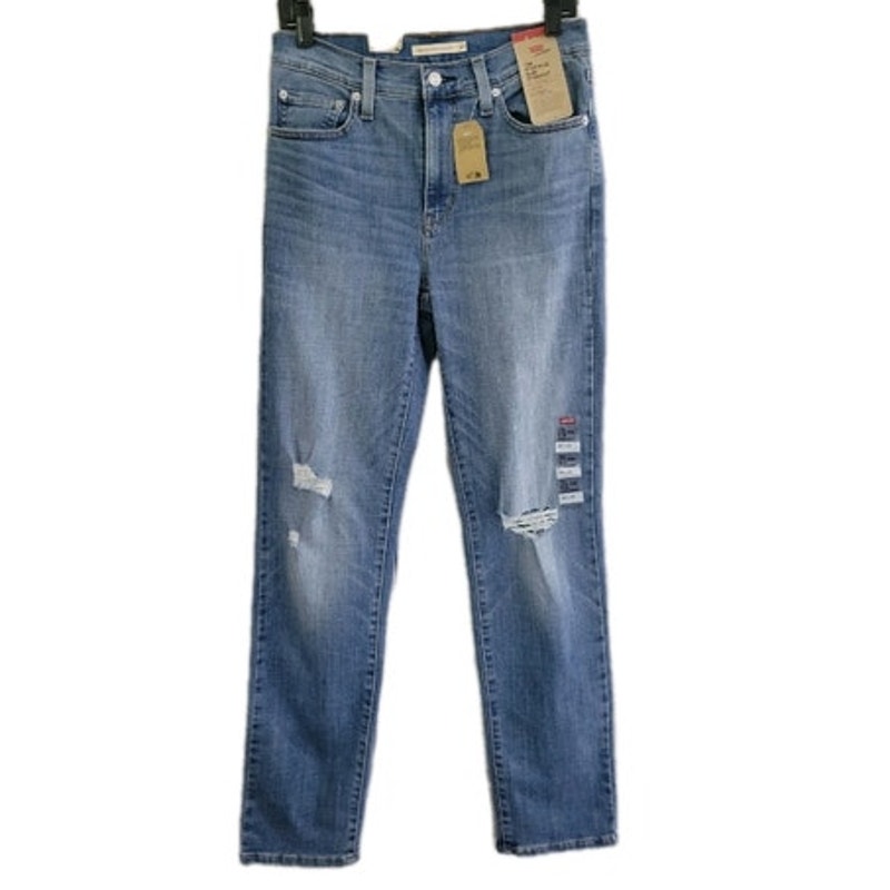 Levi's 724 High Rise Straight Jeans Women's Size 29 x 32 Blue Distressing- NEW