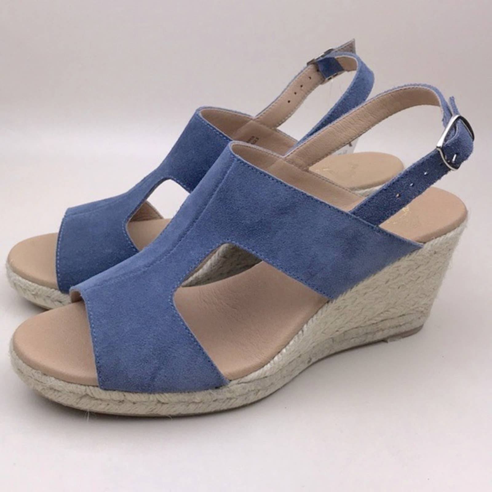 Paseart new slate blue suede ankle strap espadrille wedge sandals