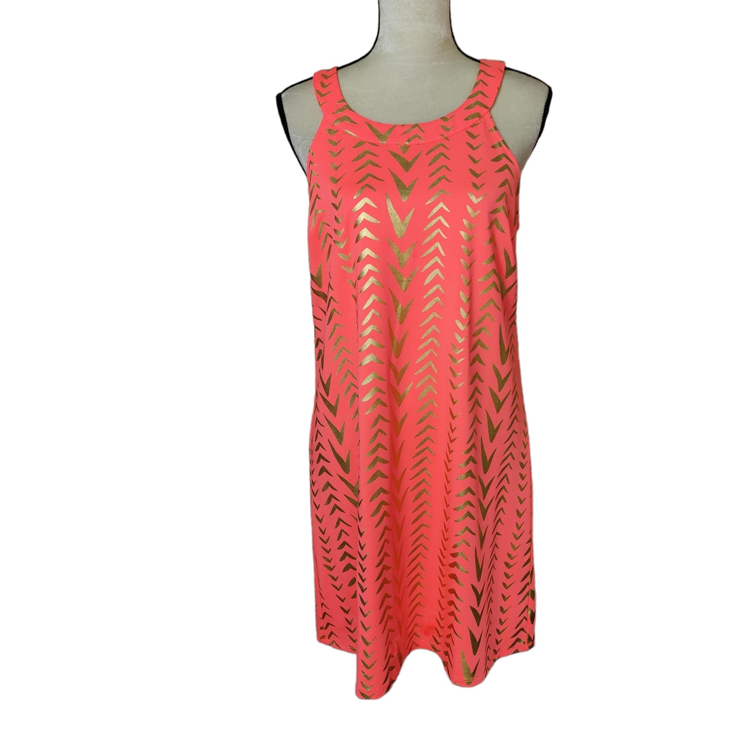 Julie Brown NYC Women's Sz M Neon Orange Pink Gold Metallic Sheath Dress Stretch