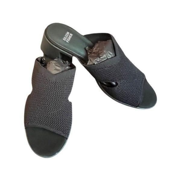 Eileen Fisher Naja Stretch Block Heel Slide Sandals- Black- Size 9- NIB