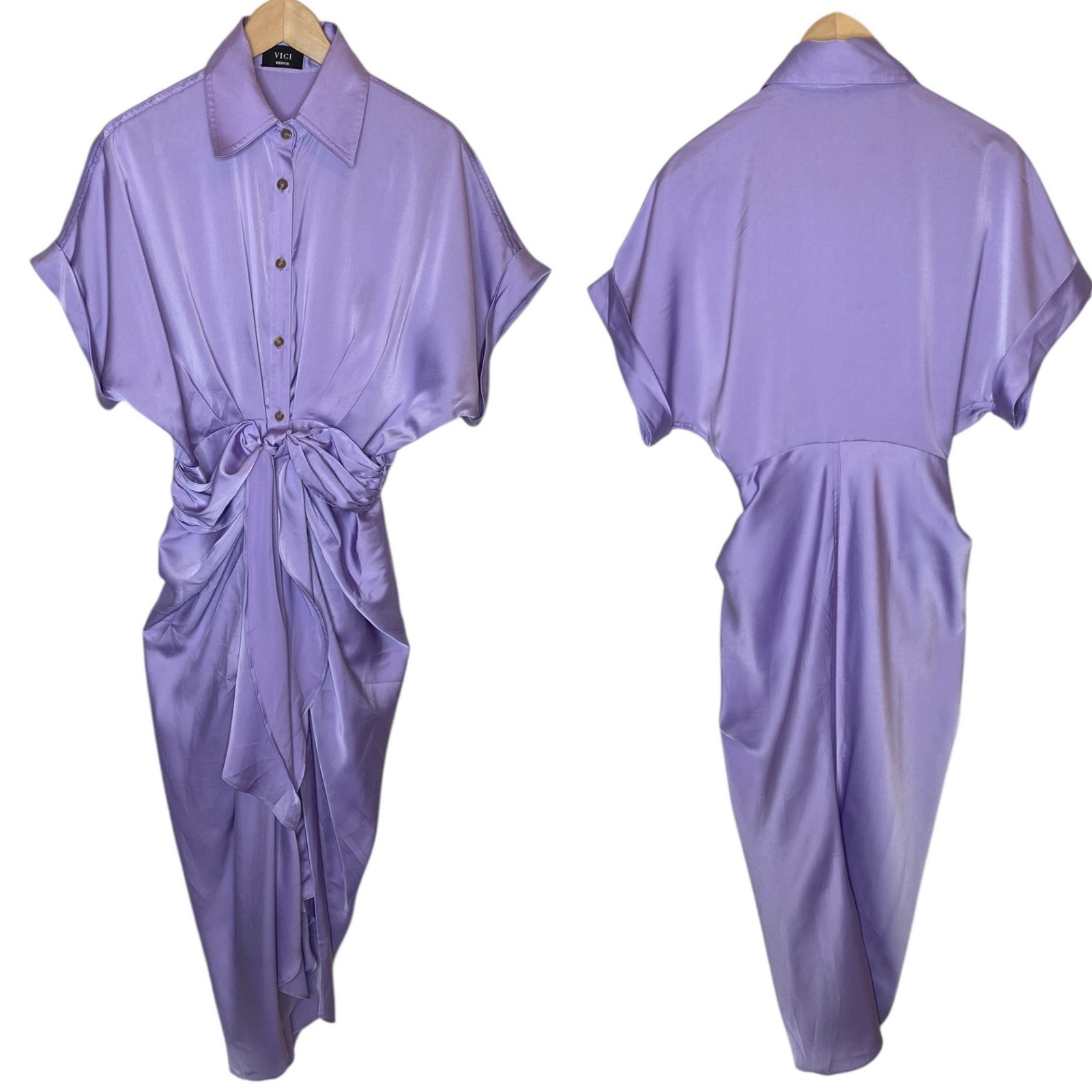 VICI Satin Aurielle Tie Waist Midi Shirt Dress Lavender size Medium