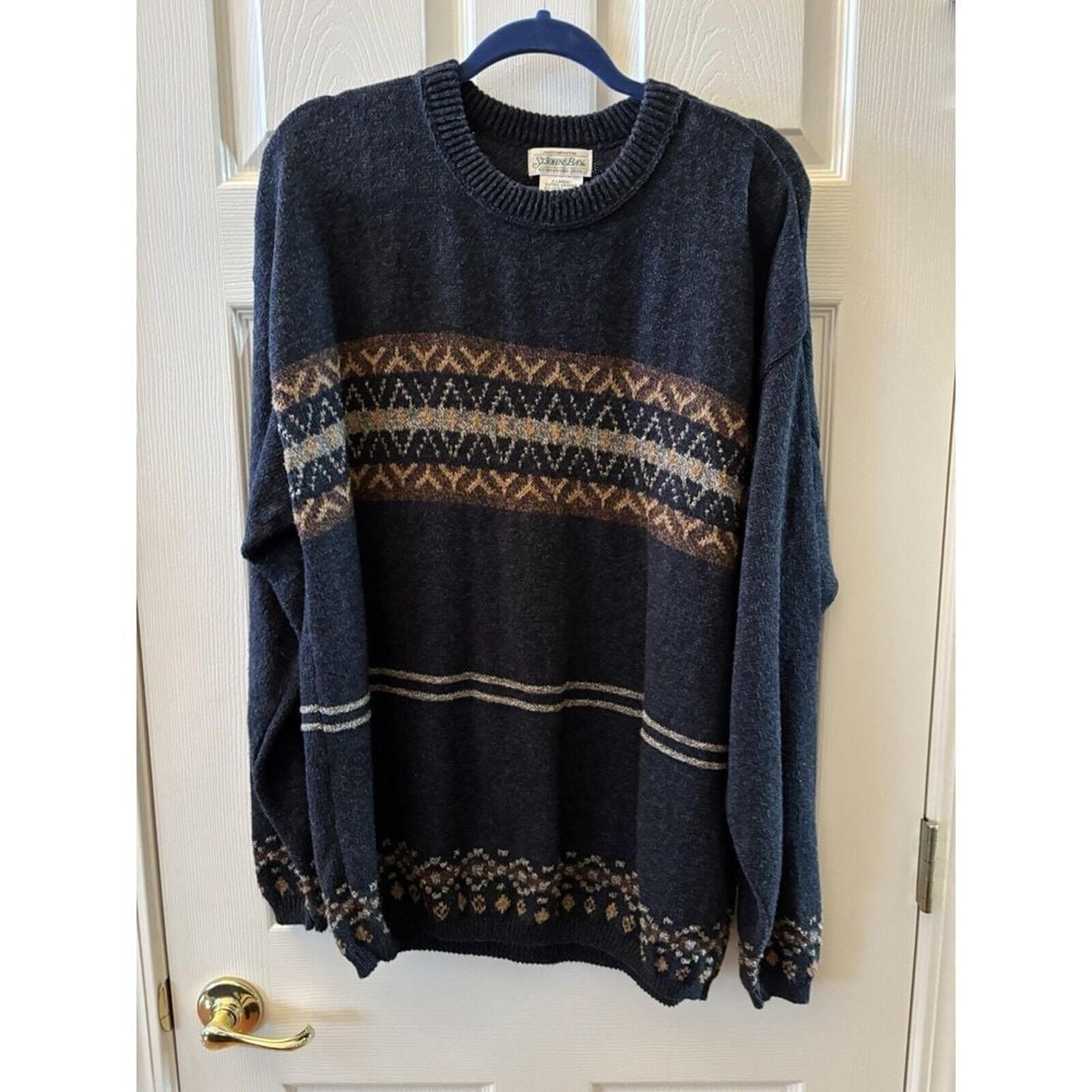 St. John's Bay Men's Vtg Navy W/Brown Strip Crew Neck Pullover Sweater XL Stripe