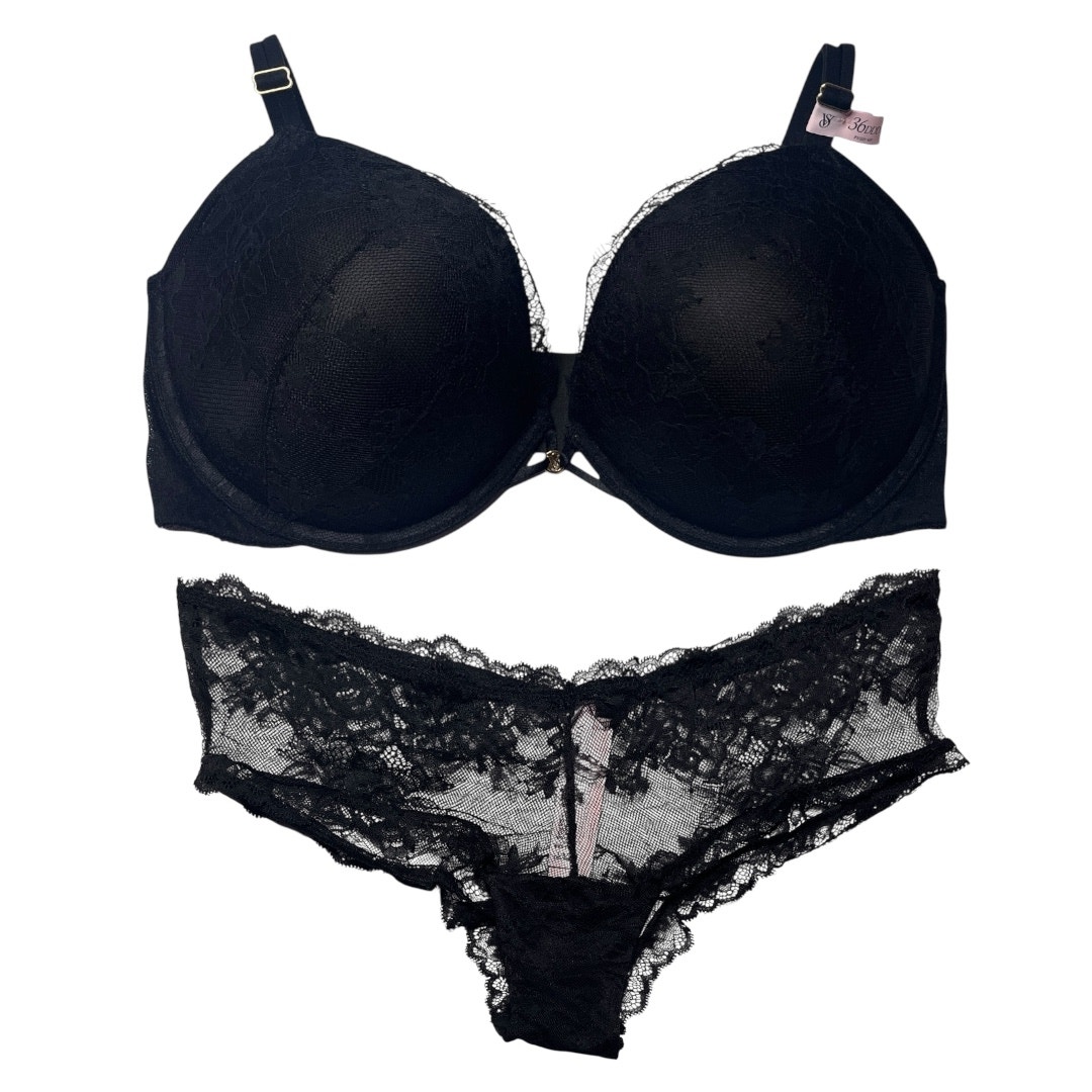 Victoria's Secret Very Sexy Rose Lace Push-Up Bra and Panty Set Jet Black 36DDD