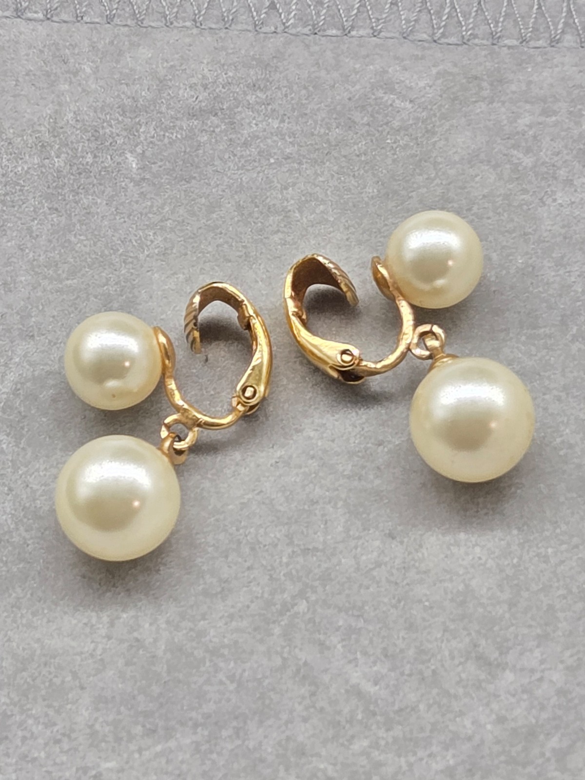 Vintage Clip On Earrings Goldtone Metal Two Faux Pearls Dangle Drop Design