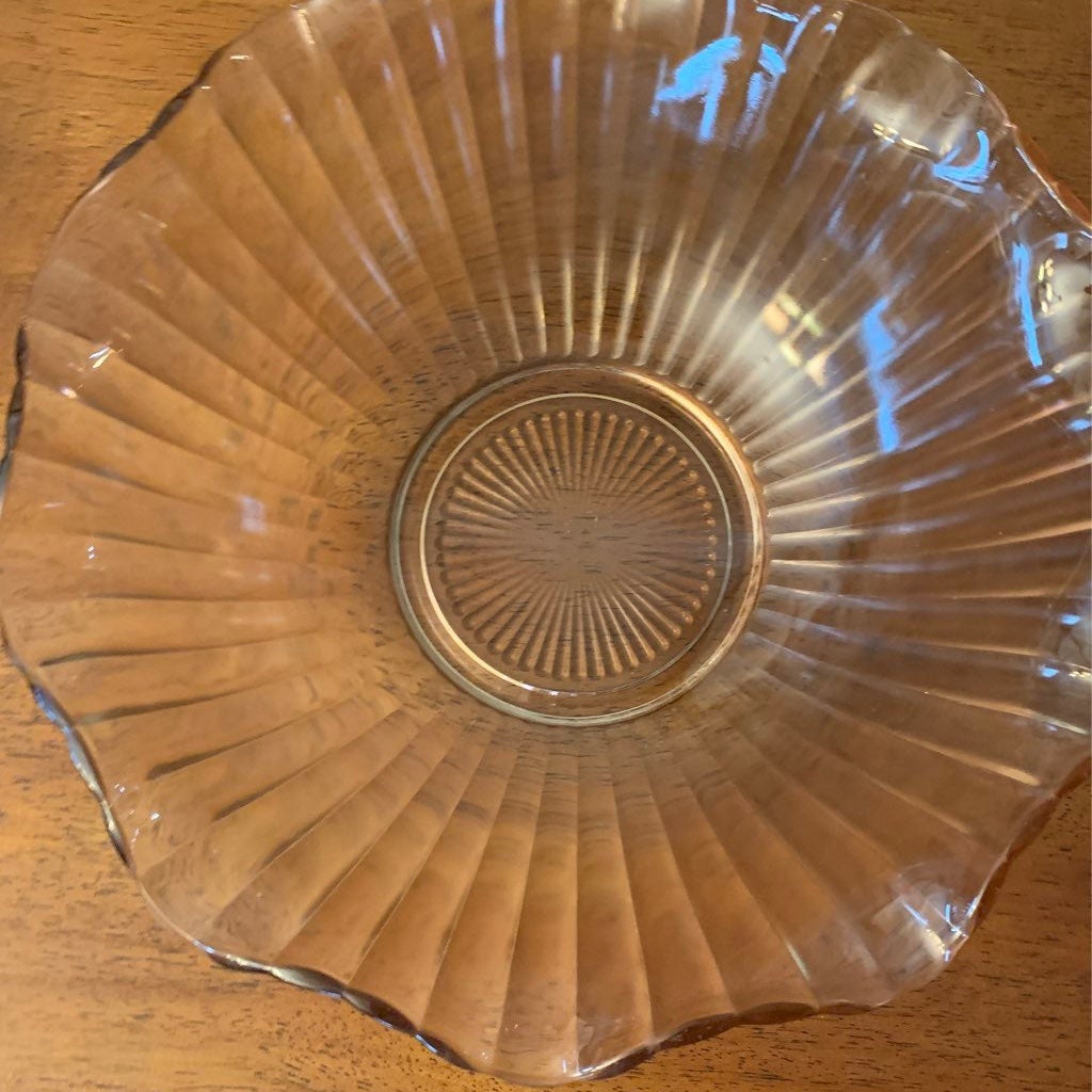Pink depression glass large ruffled bowl RARE