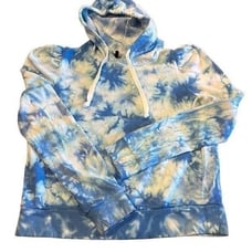 Generation Love Women’s Blue Tie Dye Puffy Shoulder Hooded Sweatshirt