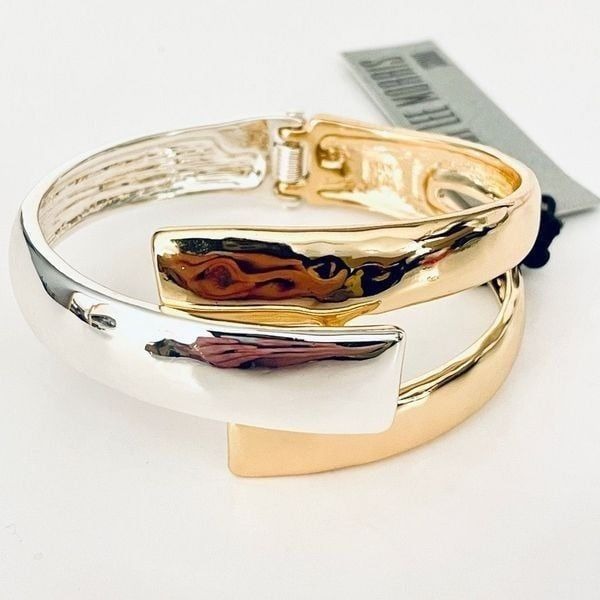 NWT Robert Lee Morris 2 Tone Gold/ Silver Criss Cross Cuff Hinge Bangle Bracelet