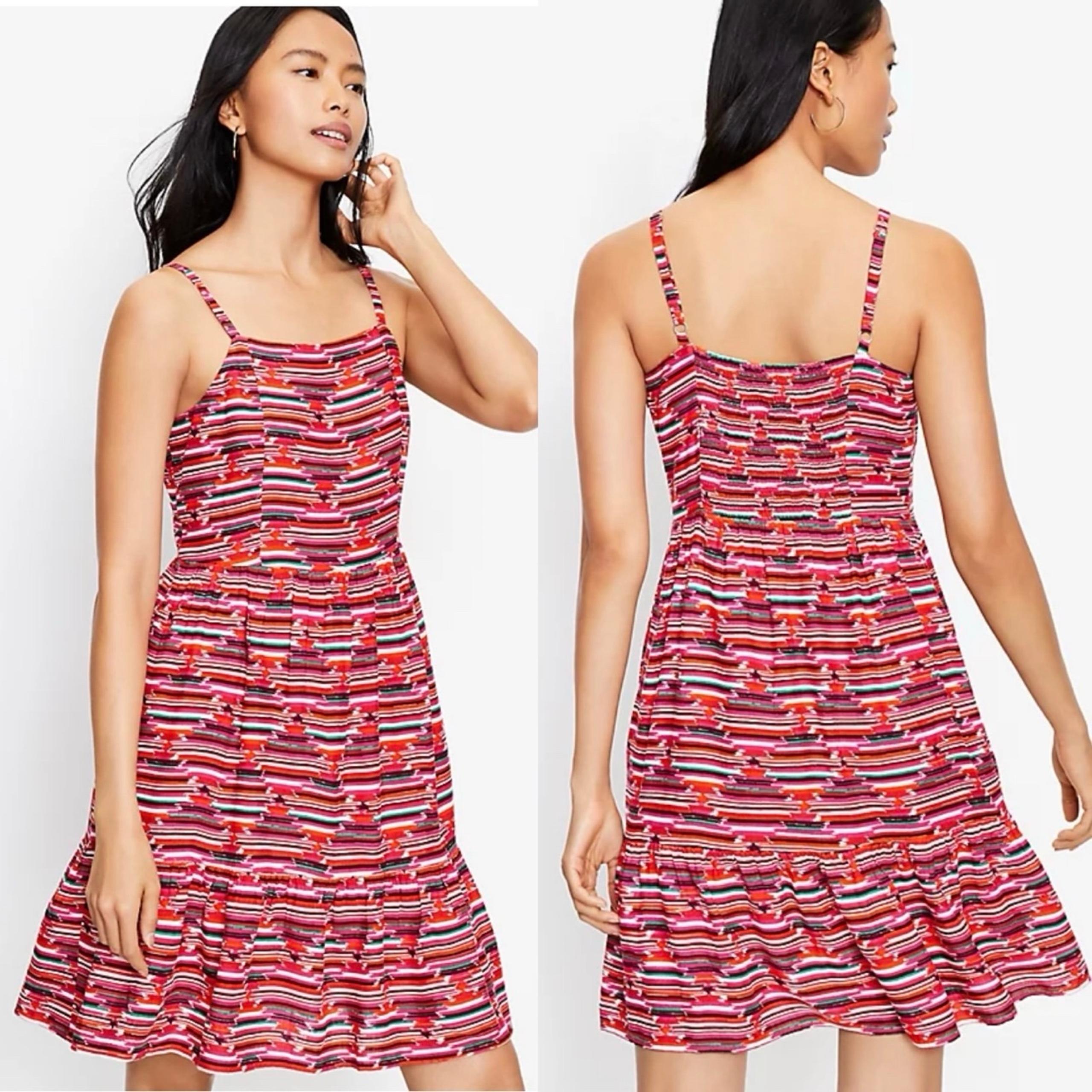 Loft • Women’s Red Print Lined Tiered Spaghetti Strap Smocked Back Dress Size 16