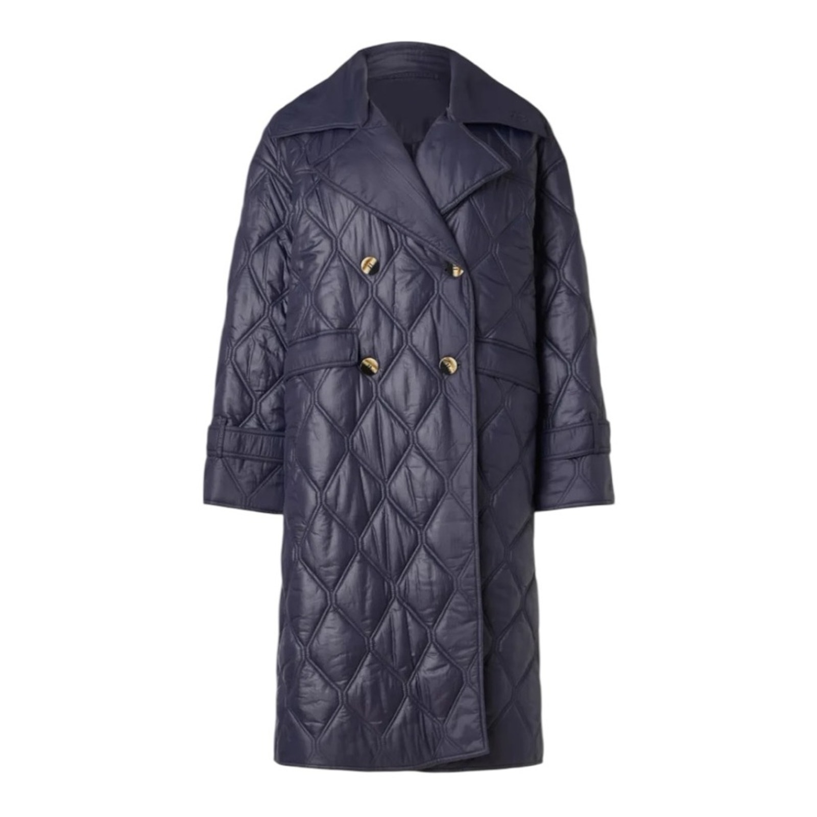495 Ganni Shiny Quilted Coat in Midnight Blue Size S/M
