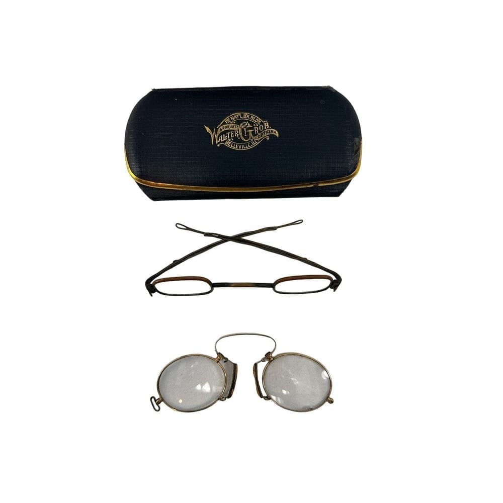 Antique Eyeglasses &Case Spectacles TWO Pair Steel & Gold Walter Grob Optical