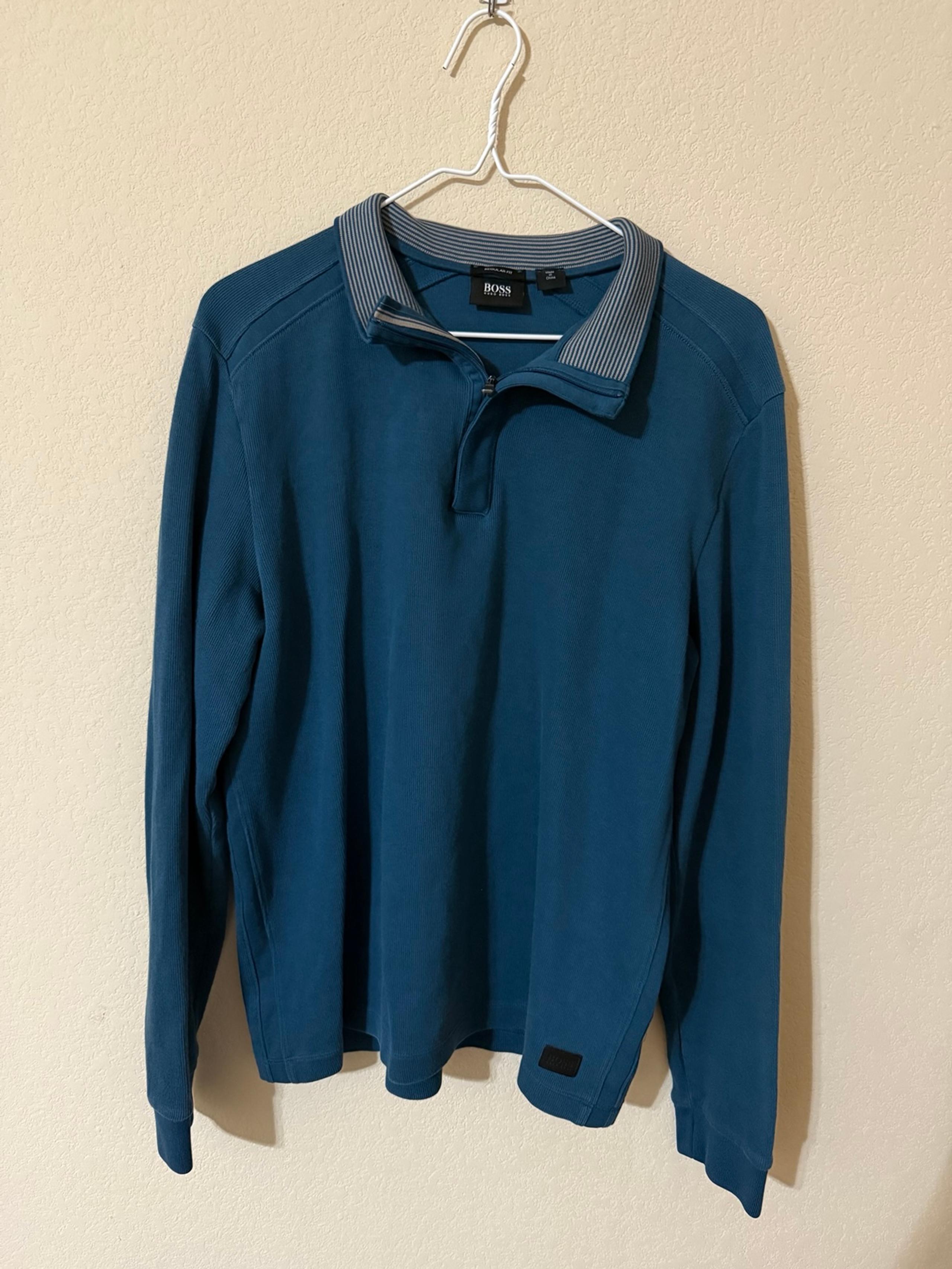 Hugo Boss Sweatshirt Mens XL Blue Cotton Half Zip Mock Neck Long Sleeve