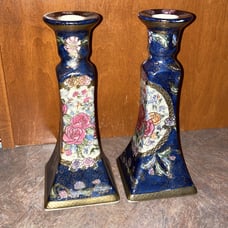 Beautiful hand painted signed Chinese floral candlestick holders w/ gold gilding