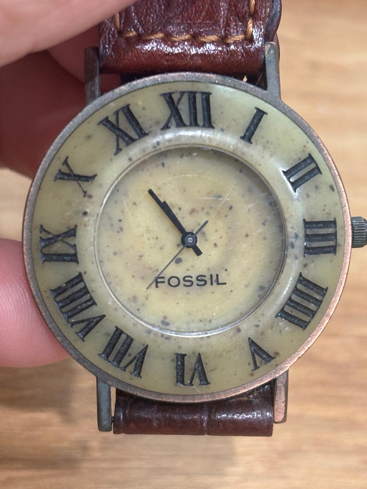 Vintage Fossil BW-6705 Stone Face Copper Case Brown Leather Band Watch 8 Inch
