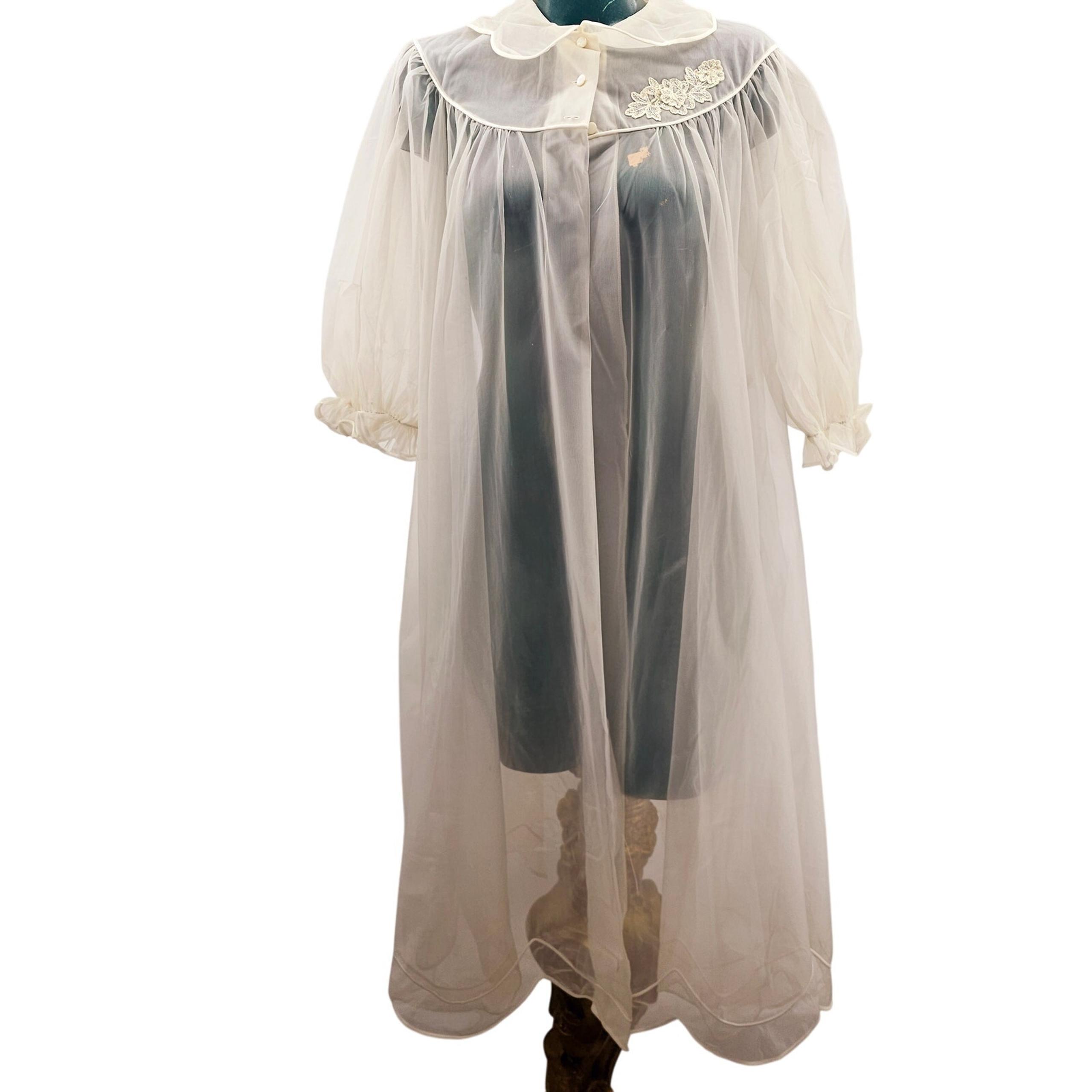 Vintage Shadowline White Bridal Sheer Nylon Lace Peignoir Negligee Robe M 3154