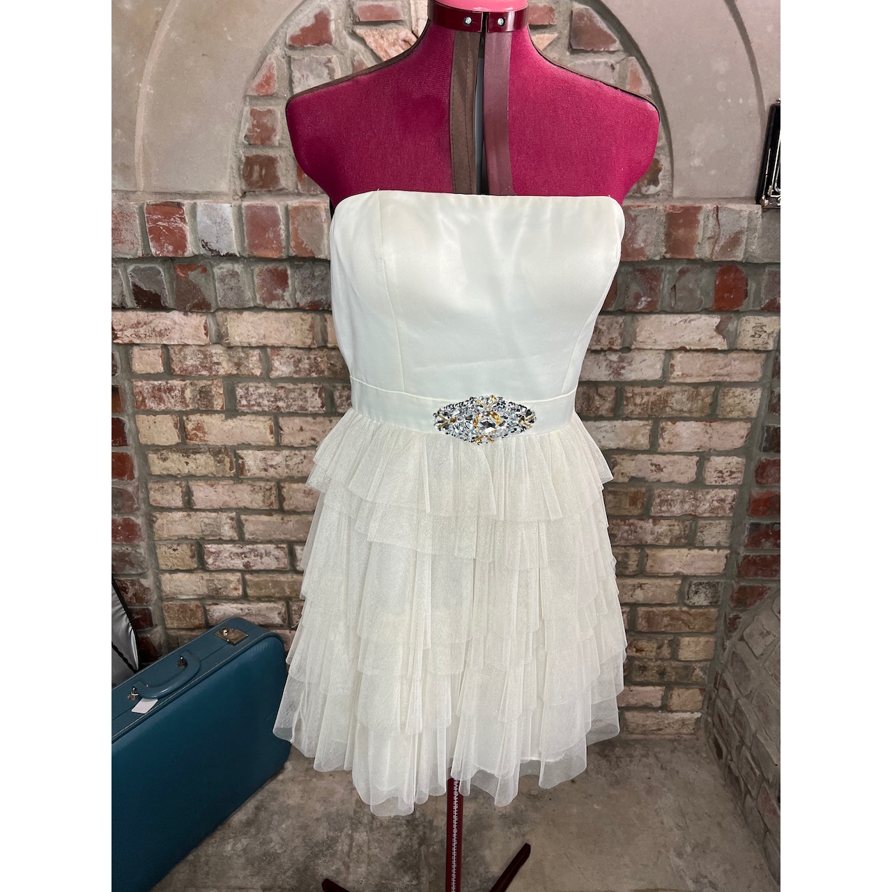 dress strapless formal cream jeweled sheer tired skirt