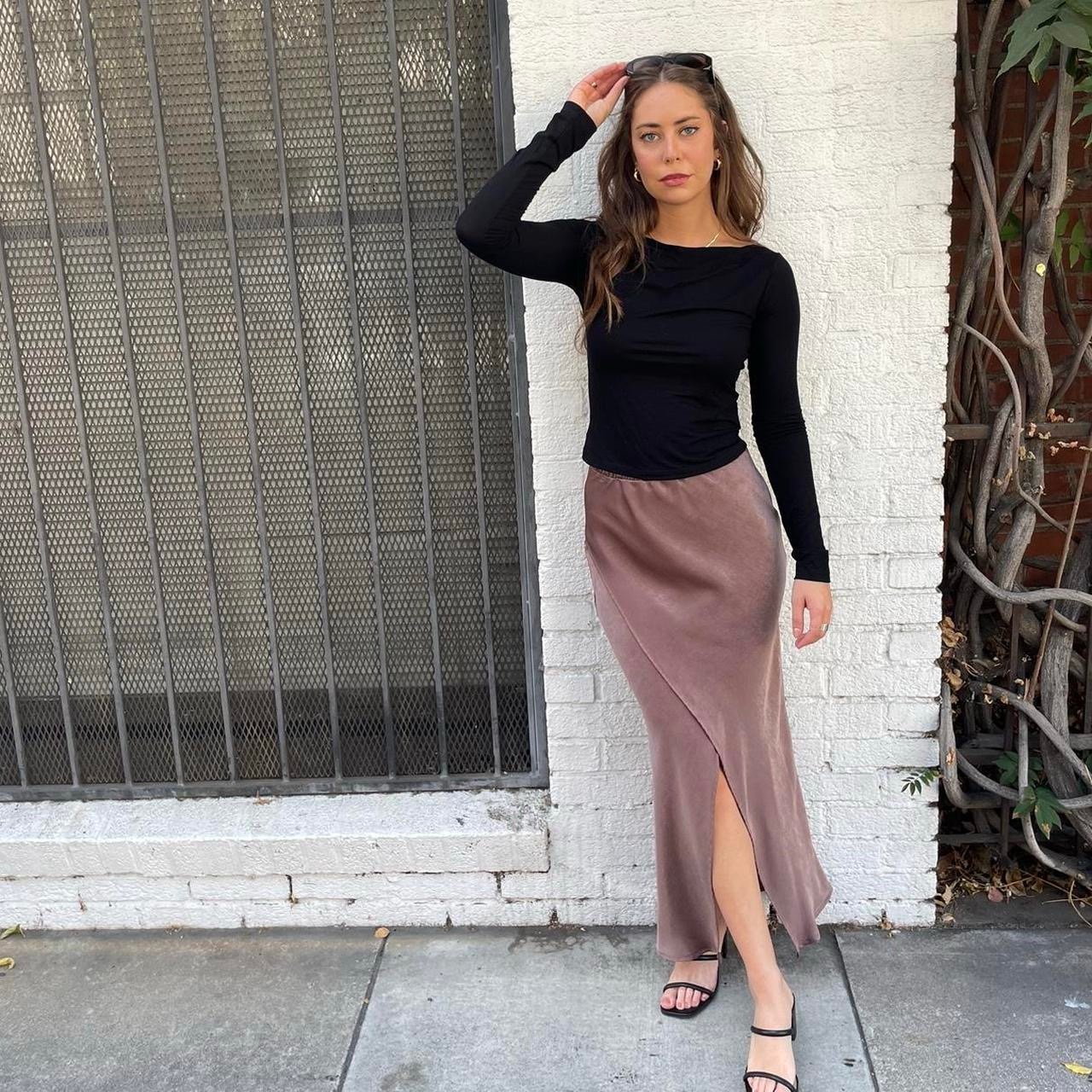 NEW beautiful self contrast brown slip skirt sz small / sold at Anthropologie