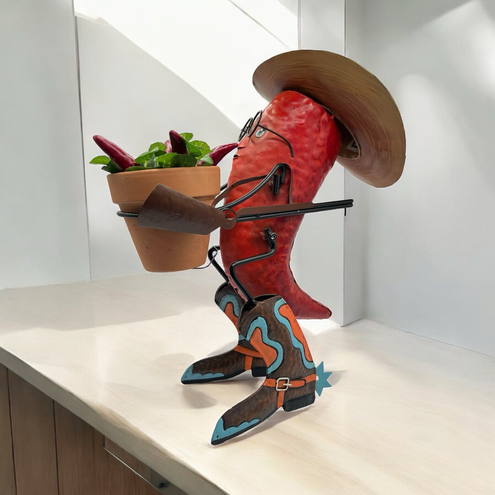 OOAK Anthropomorphic Cowboy Chili Pepper Holding Plant Pot Gun Metal Sculpture
