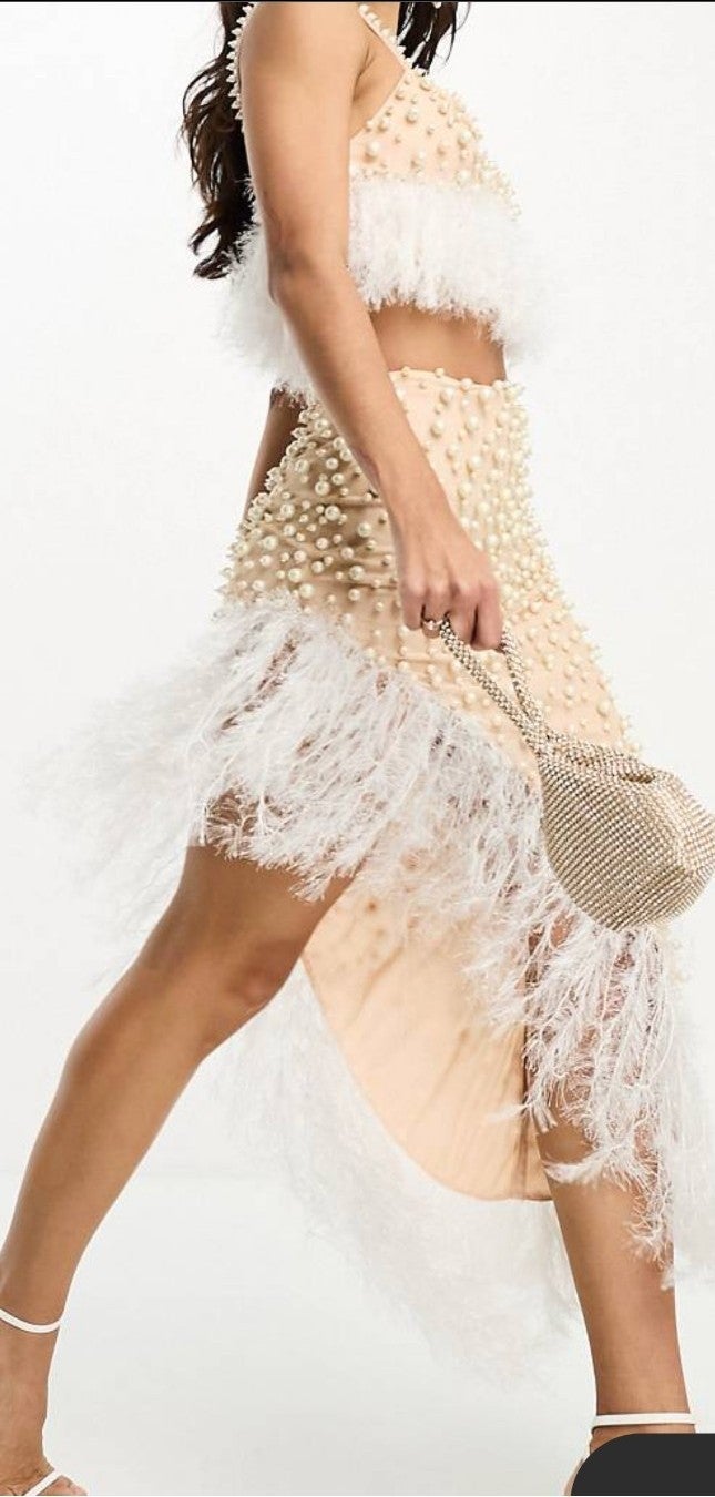 NWT ASOS LUXE pearl embellished asymmetric faux feather trim skirt in blushSize6