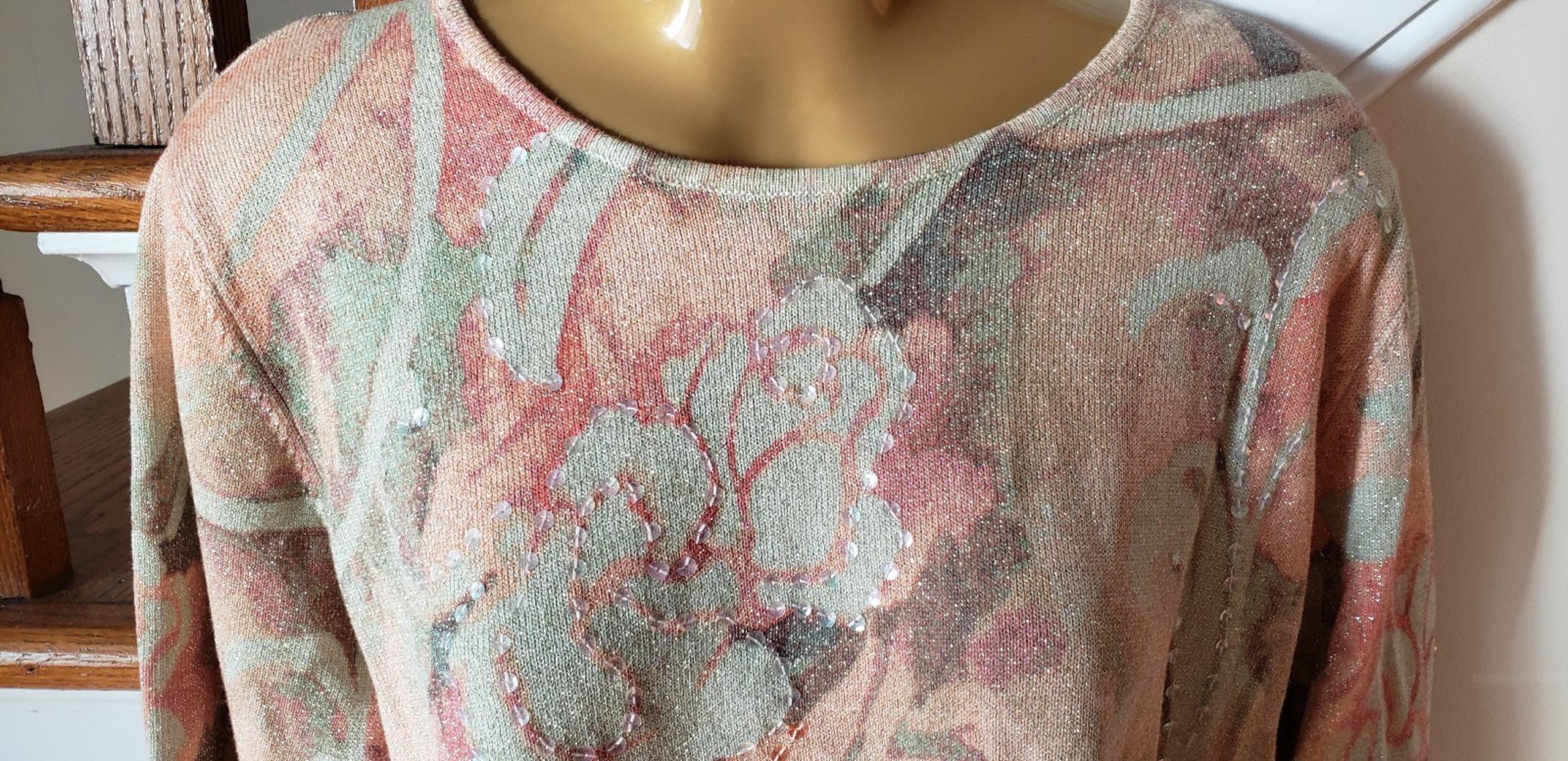 Alfred Dunner Sequin Sparkly Floral Sweater. Size M