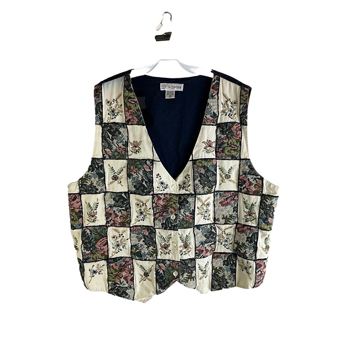 Vintage 80s Womens 2XL Patchwork Floral Button Vest Jacket Cottagecore