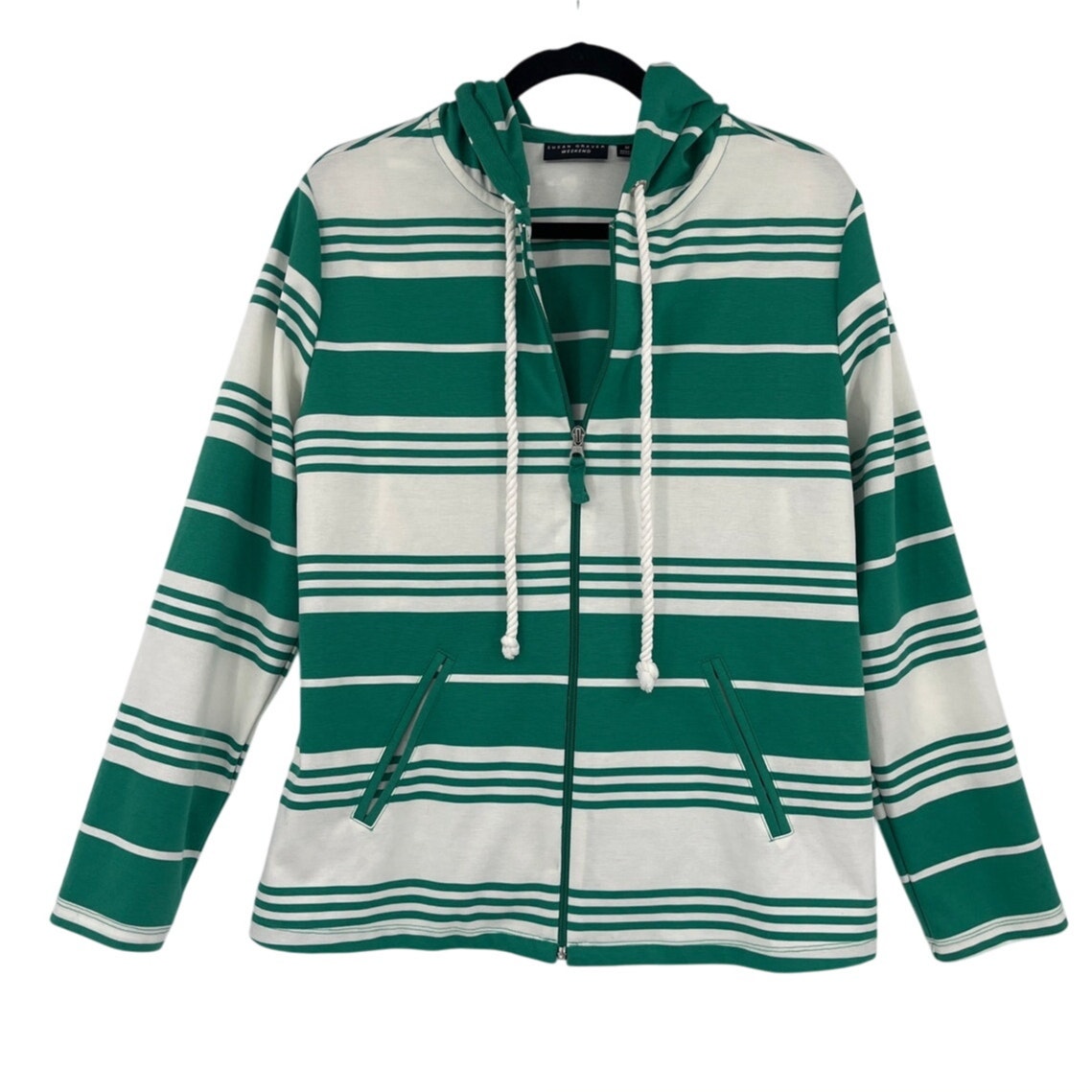 Susan Graver Weekend Knit Full Zip Womens Jacket Sz M Preppy Green Stripe Hoodie