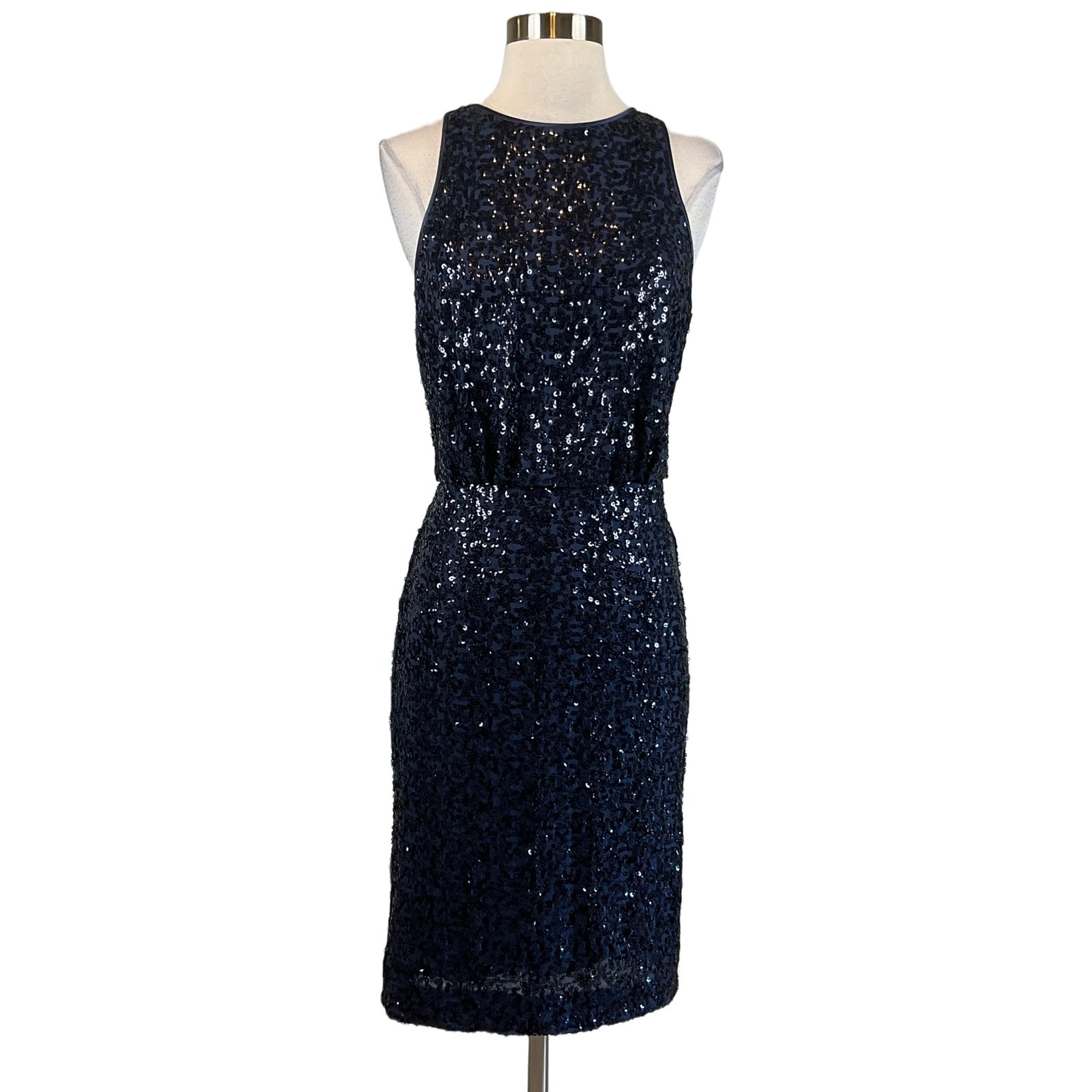 Eliza J Women's Cocktail Dress Size 8 Blue Sequined Sleeveless Midi Sheath