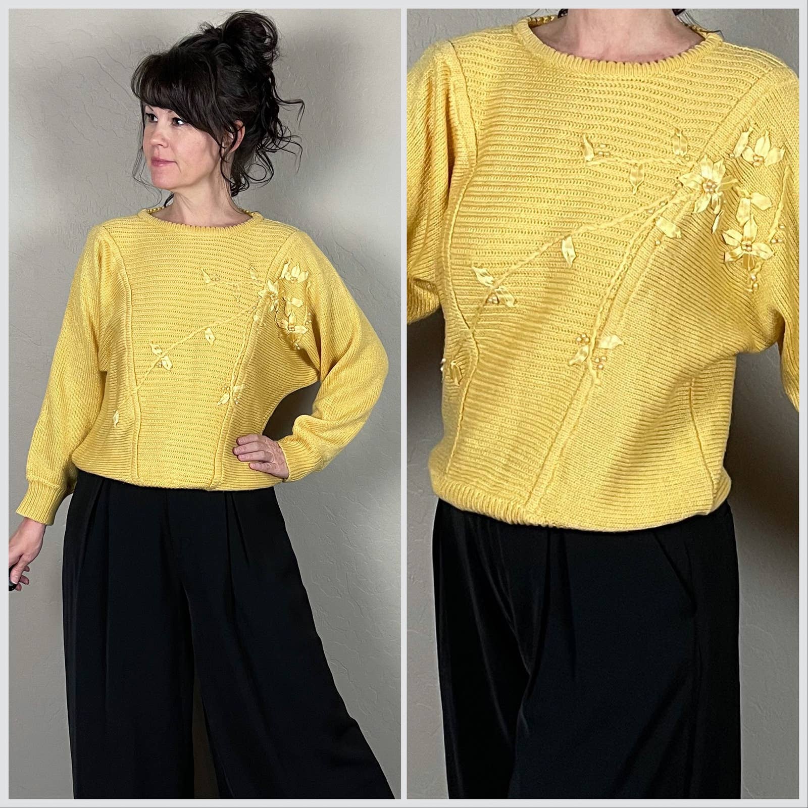 Vintage 1980s Yellow Floral Embroidered Sweater