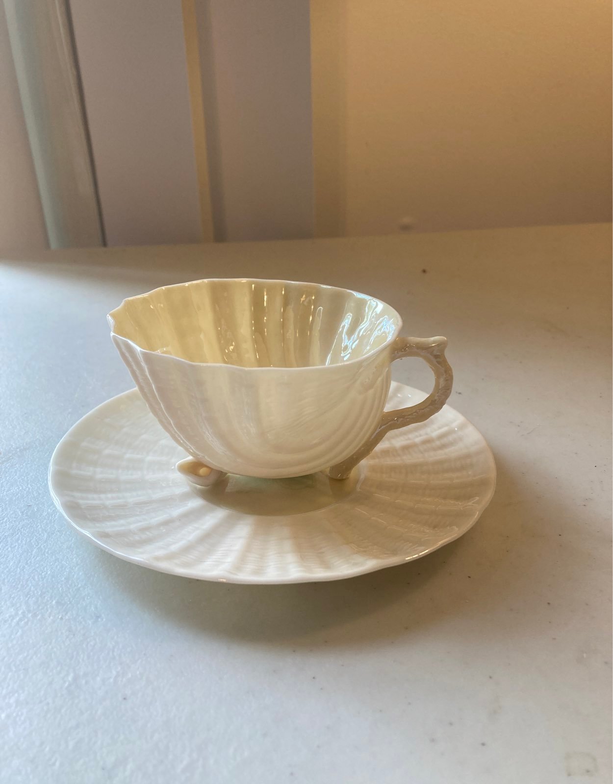 Belleek Neptune Yellow Ireland Footed Cup & Saucer