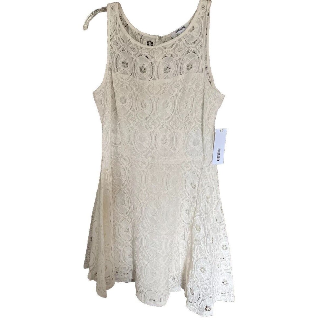 BB Dakota Women's Sleeveless Lace Dress 10 Back Zip Casual Boat Neck Ivory