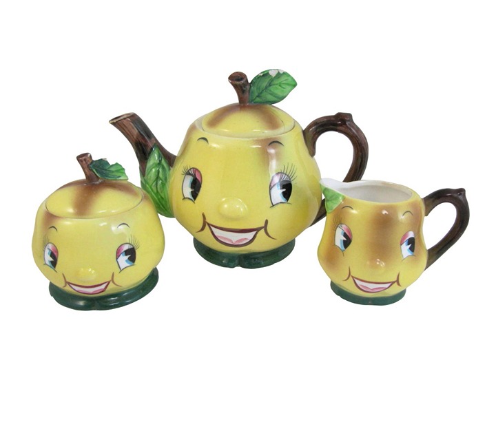 Vintage Anthropomorphic Teapot Set PY Miyao Pear Face Sugar Creamer Japan MCM