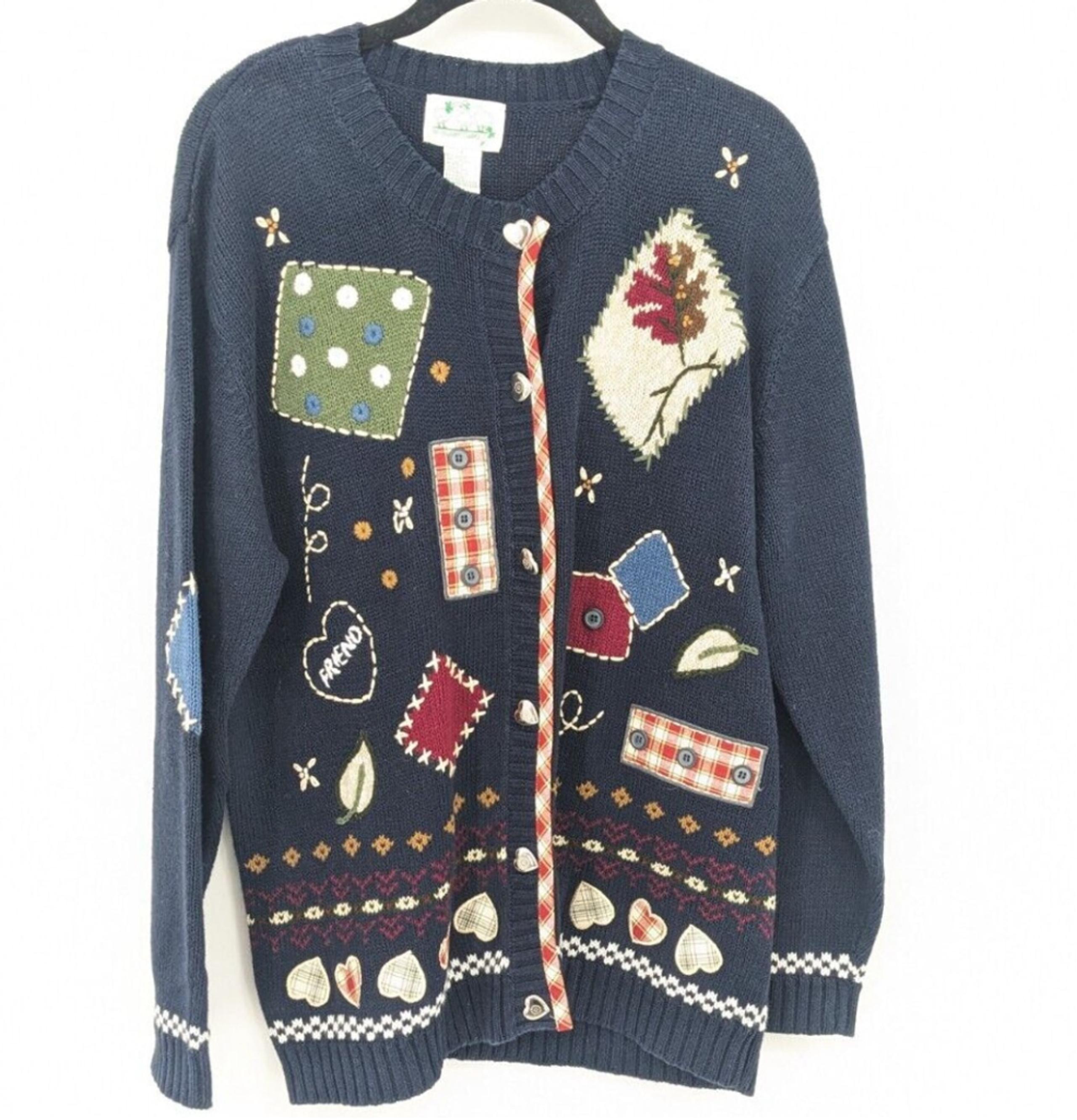 Quacker Factory Sweater Womens Large Blue Embroidered Cardigan Knit Grannycore