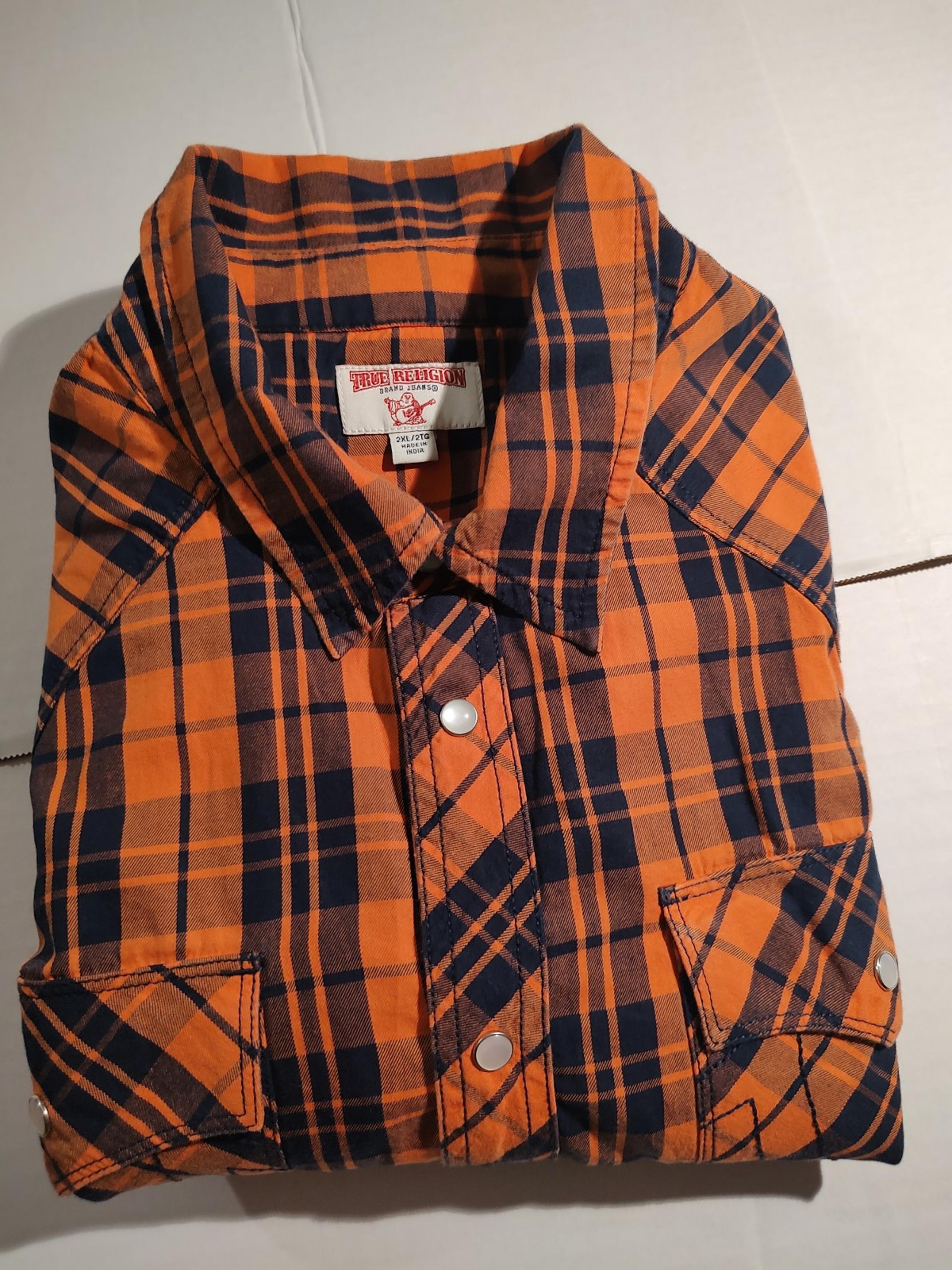 True Religion Men's Shirt Orange And Black Western Pearl Snap Button Up