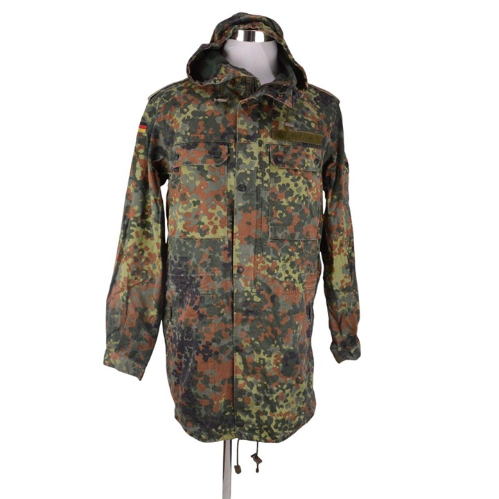 German Bundeswehr Flecktarn Camo Military Parka Jacket GR12 L Tall Hood Woodland