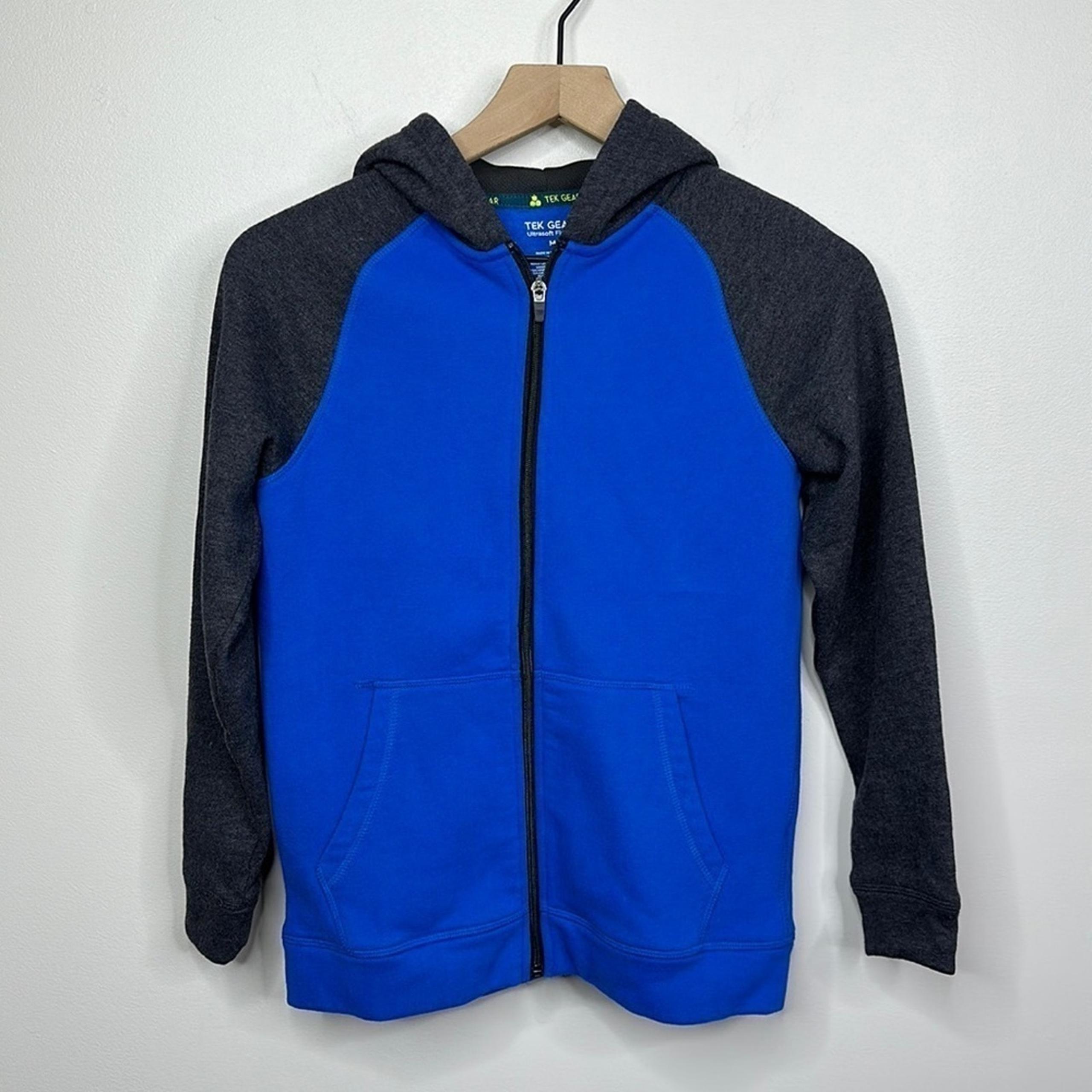 TEK Gear Blue Dark Gray Long Sleeve Hooded Fleece Zip Up Jacket Youth Size M