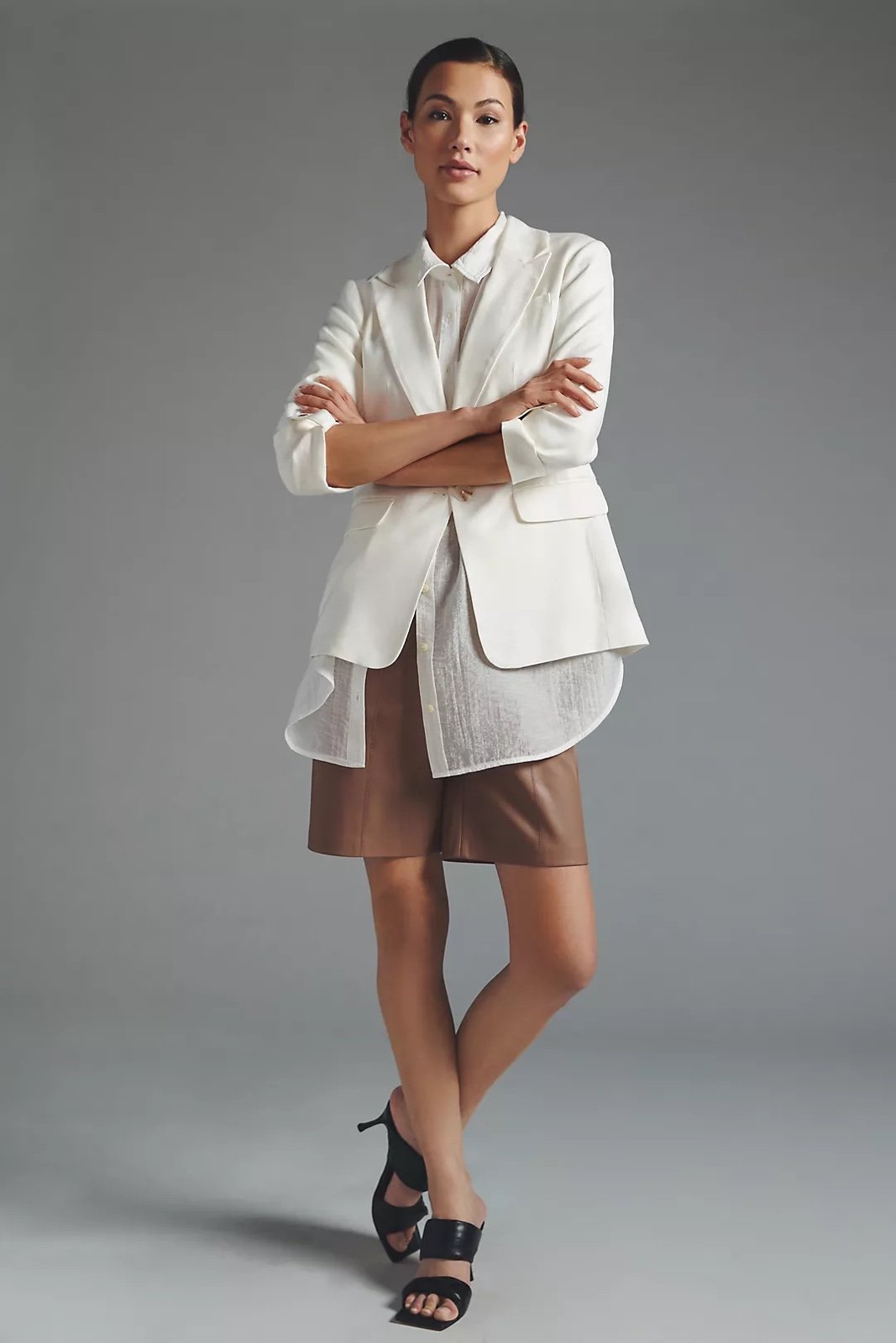 Anthropology Maeve Roll-Sleeve Off White Cream Color Linen Blend Blazer Size 6