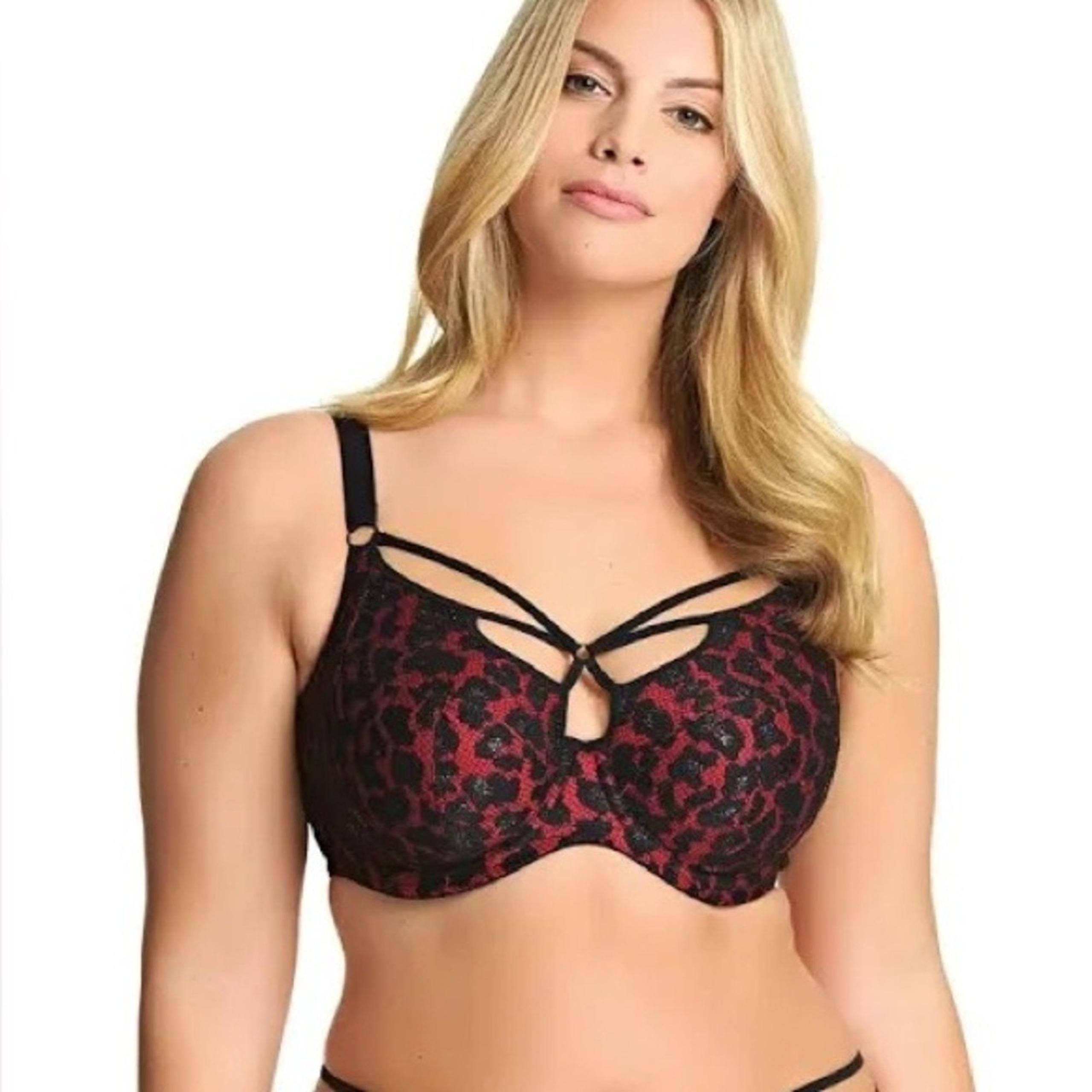 Elomi Women Nicole Underwire Plunge Cage Bra 38H Red Black Lace Mesh Sultry