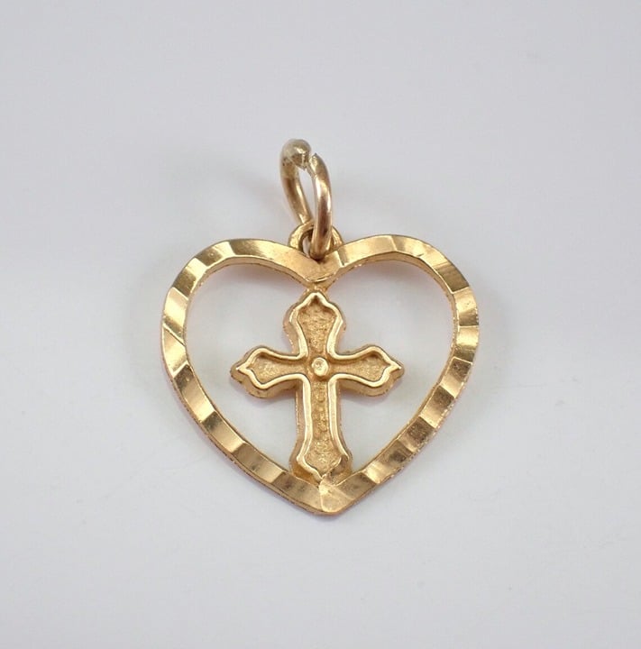 Vintage Heart and Cross Charm Pendant -14K Yellow Gold Jewelry Gift for Bracelet